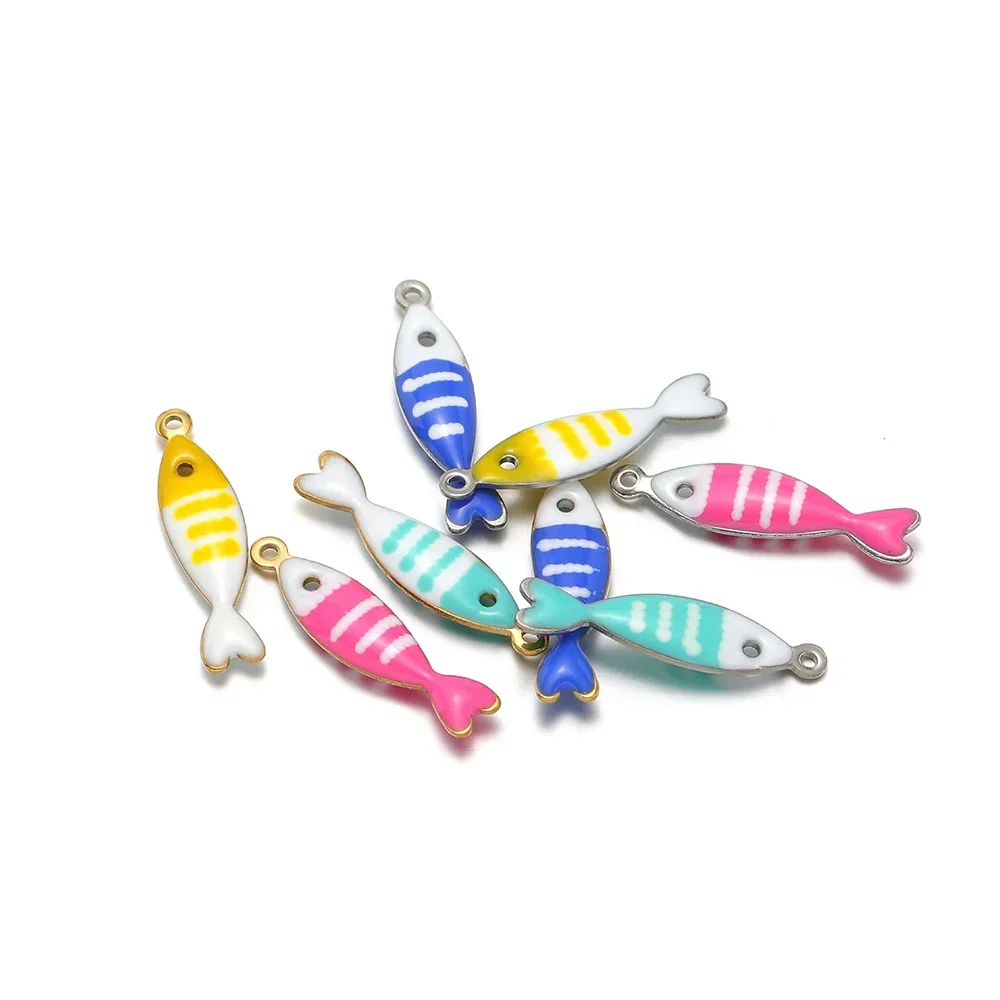 20pcs Stainless Steel Gold Stripe Fish Charms Ocean Animal Enamel Pendants DIY Necklace Bracelet Making Jewelry Findings 5x14mm view 4