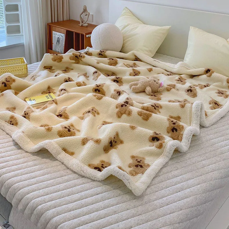 Double Layer Warm Thick Cartoon Plush Blanket Little Bear Lamb Fleece Blanket for Napping Four Season Universal Single Bed Cover