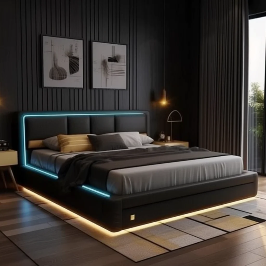 

Customized LED Full Platform Bed King Size Queen Upholstered Bunk Bed Frame Bedroom Furniture Set with Storage LED Lights Fabric