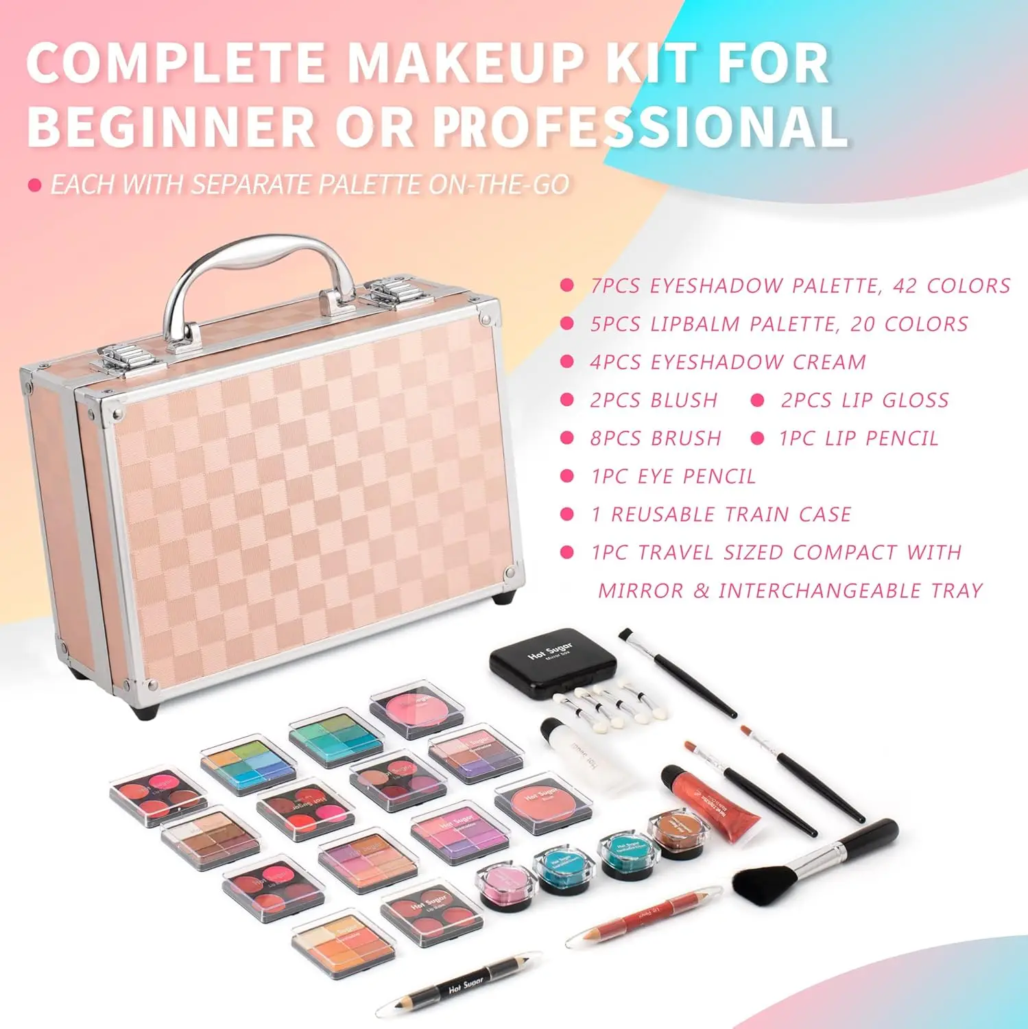 Make-upset voor tienermeisjes - Volledige starterset met oogschaduw, lippenbalsem, blozen, glans, penselen en spiegel