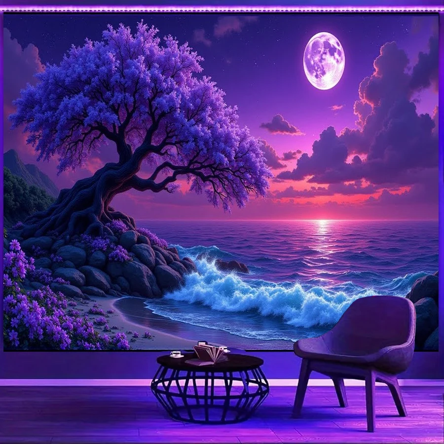 1PC Purple Sakura Beach Art Print Backdrop Banner, Bedroom Living Room Photo Background, Polyester, Home Decor, Wall Art
