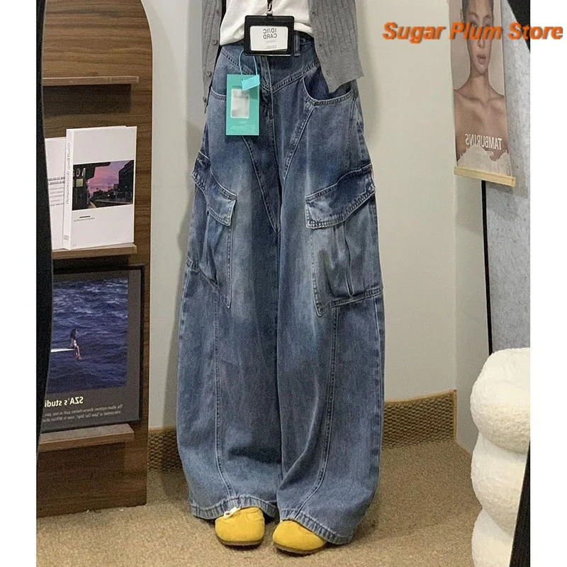 American Retro Heavy Stitching Design Tooling Jeans Women's Spring and Autumn Fashion Plus Size Loose High Waist Wide-leg Pants