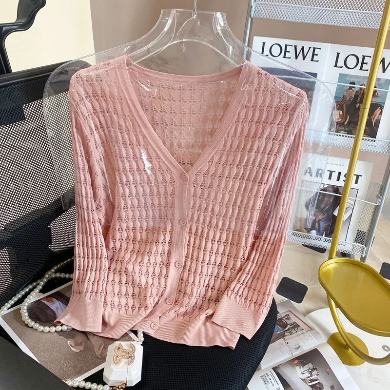 

Summer Sun Protection Ice Silk Knitted Short Cardigan Women's Outerwear with Strap Vest Thin Air Conditioner Shirt Coat CQ176