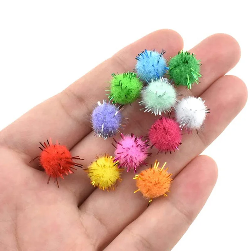 Fenrry 200Pcs 10mm Colored Glitter Balls Pompom Furry Balls for Kids DIY Craft Supplies Handmade Creative Decoration Materials