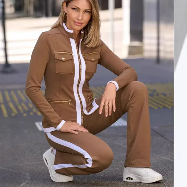 Primavera e autunno Cross border Amazon Fashion Leisure Set per il tempo libero con blocchi di colore Abbigliamento da donna