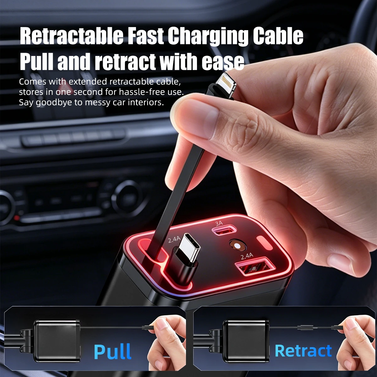 4 in 1 Car Charger with Starry Sky SpotlightRetractable Car Charger with Charging Cable & 2Charging Ports, Universal Car Charge