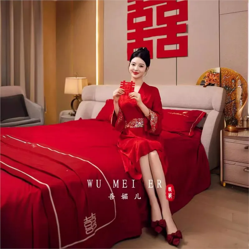 

Длинный вышитый халат для утреннего платья, свадебное фирменное красное ледяное шелковое платье