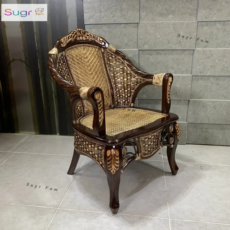 

Ретро натуральный настоящий ротанг, спинка, один балкон, повседневный китайский стул из цельного дерева для пожилых людей, высококачественный бамбуковый стул из ротанга, набор из трех предметов