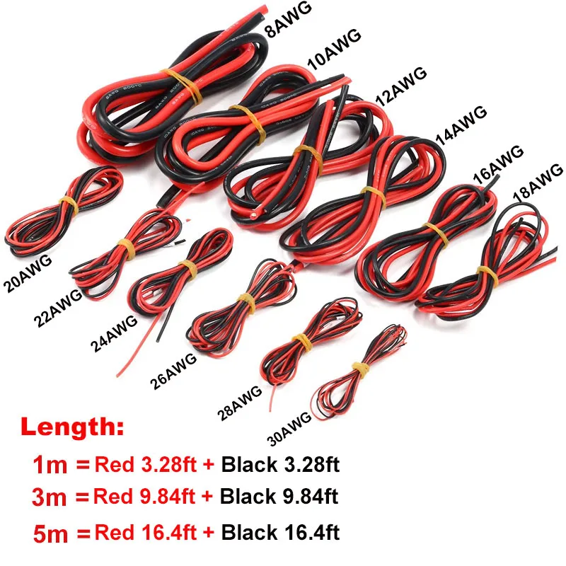Super‑Soft High‑Temperature Silicone Wire Cable4 6 8 10 12 14 16 18 20 22 24 26AWG ( Red + Black)1m/3m/5m 1ot DIY Accessories