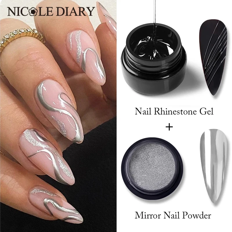 NICOLE DIARY 2pcs/set 4 in 1 Spider Liner Nail Gel Polish Metallic Effect Mirror Nail Powder Acrylic Chrome Dust Nail Decoration