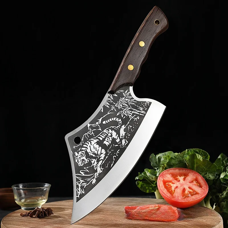 Chopping And Cutting Pointed Knife Sharp Household Kitchen Knife Tiger Grain Stainless Steel Chopper Butcher Wooden Handle