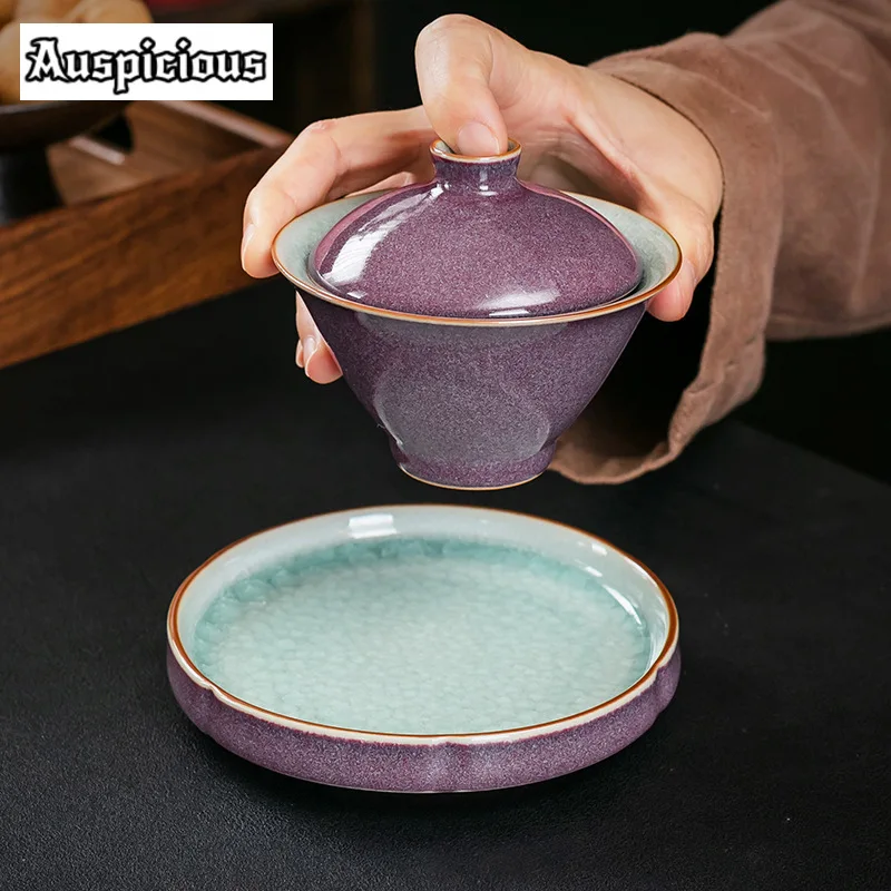 130ml Chinese Jun Kiln Green Gaiwan Handmade Ice Cracking Glaze Tea Brewing Cup Tea Tureen Tea Brewing Cover Bowl Cha Craft Gift