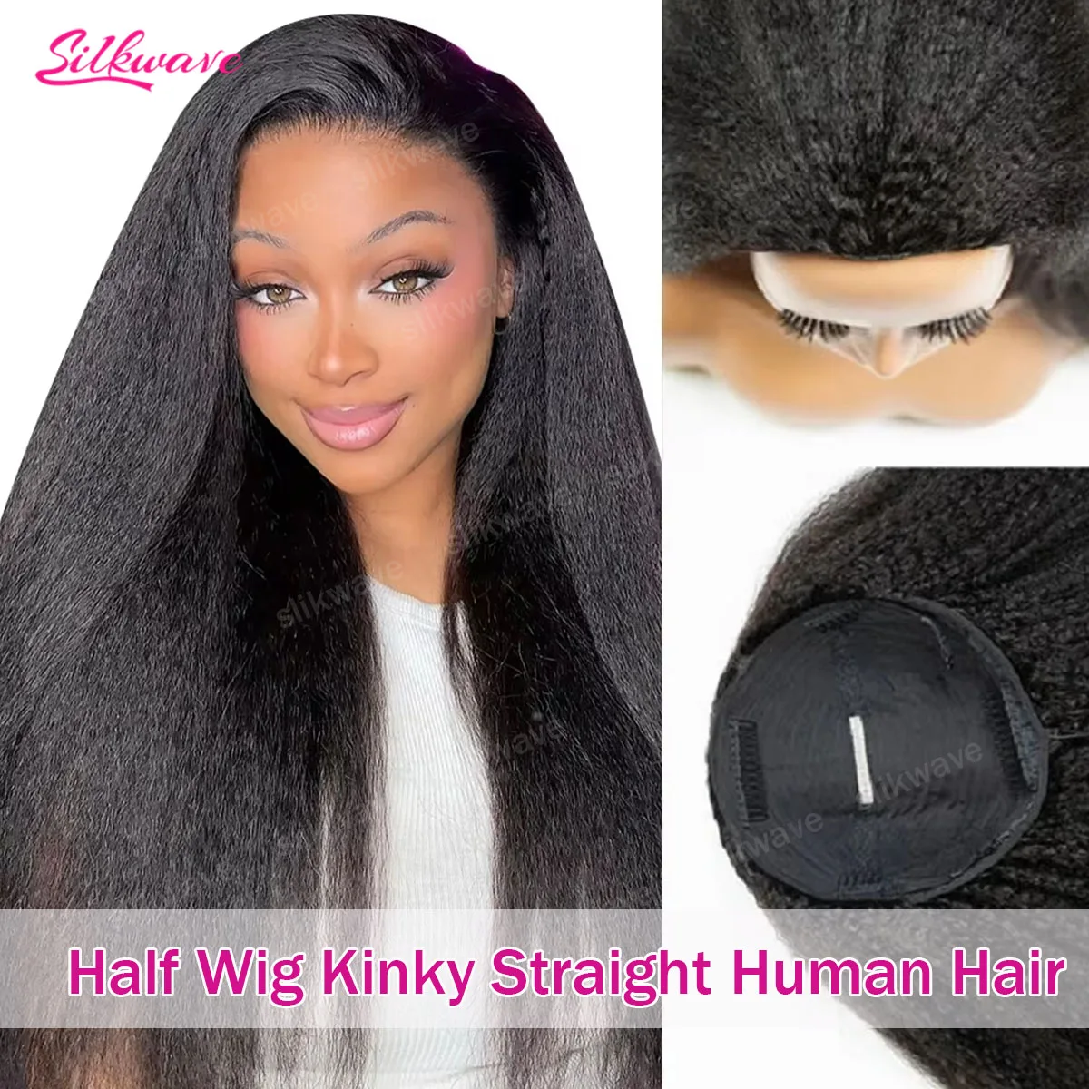 

3 IN 1 Half Wig Kinky Straight Half Wig Invisi Drawstring Glueless Flip Over Wig Daily Deal With Drawstring Human Hair For Women