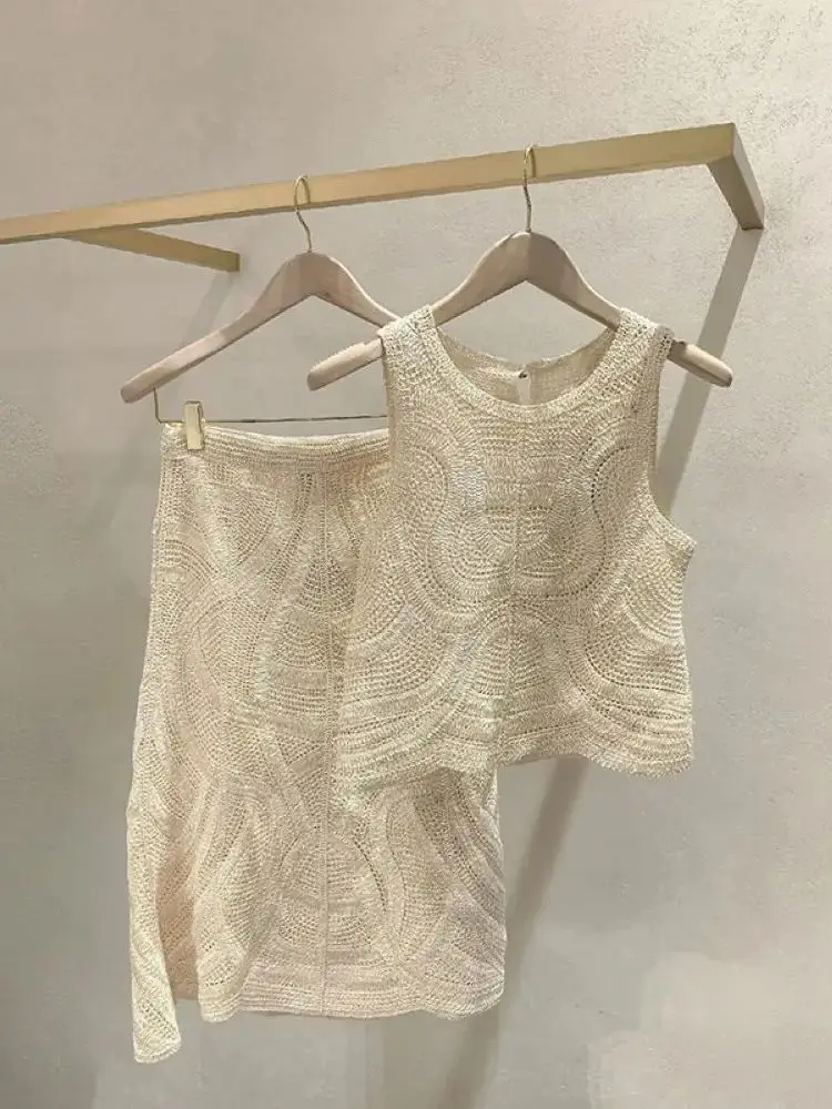 

Women Hollow Out Knitted Set Summer 2026 High Waist Wave Hem Midi Skirt + Round Neck Sleeveless Vest Casual Female Suit