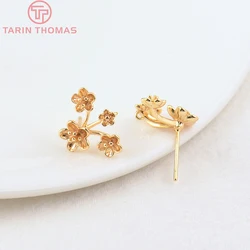 (2499)6PCS 13x15MM Hole 0.8MM 24K Gold Color Brass Three Flowers Stud Earrings High Quality Diy Jewelry Findings Accessories