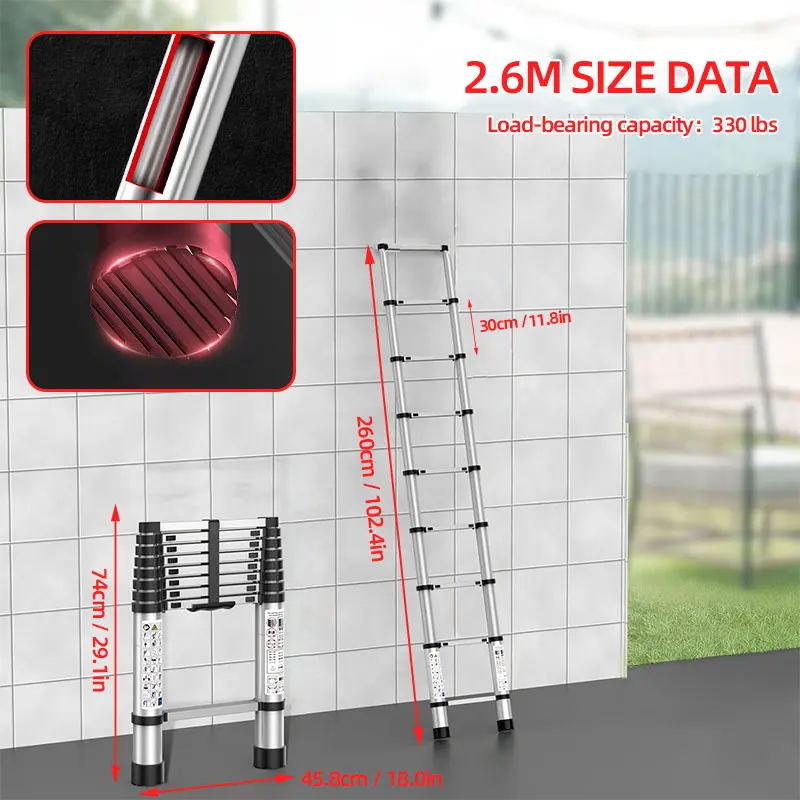 BRSTHECO 2,6/3,2/3,8/4,4/5,1/6,3 m telescopische roestvrijstalen ladders, lichtgewicht, capaciteit van 150 kg, kamerdecoratie