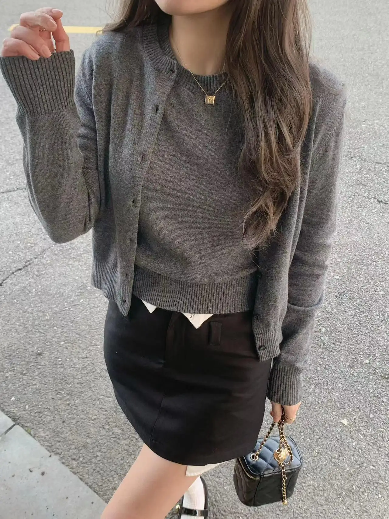 

ay round Ne Knitted Sweater ort Sve Set Women's Autumn 2024 New Sle Slimming Open Cardigan Two-Piece Set Trendy