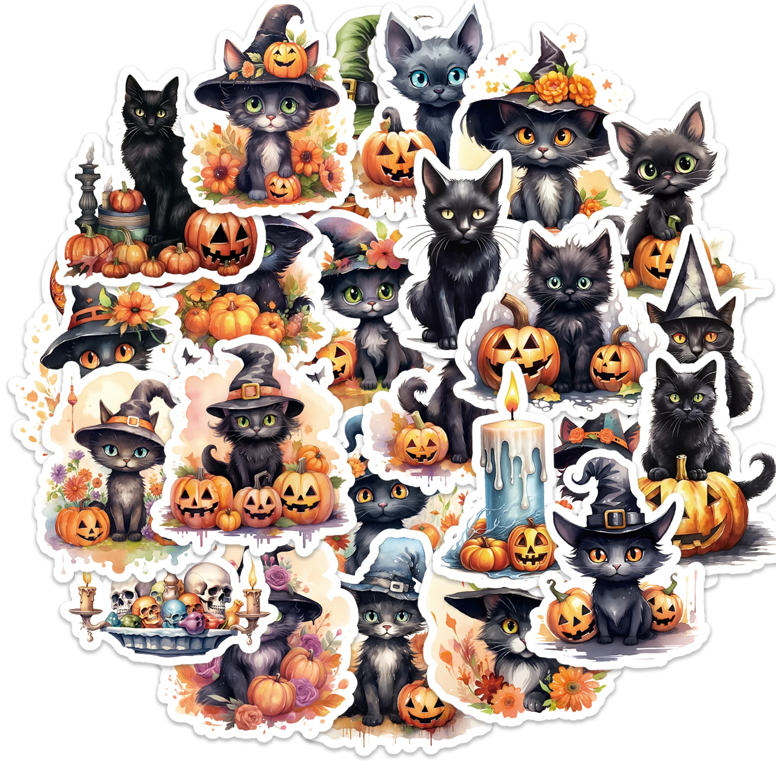 50PCS Cute Cartoon Halloween Cats Stickers For Laptop Phone Cases Water Bottle Junk Journal Notebook Decoration Sticker Pack