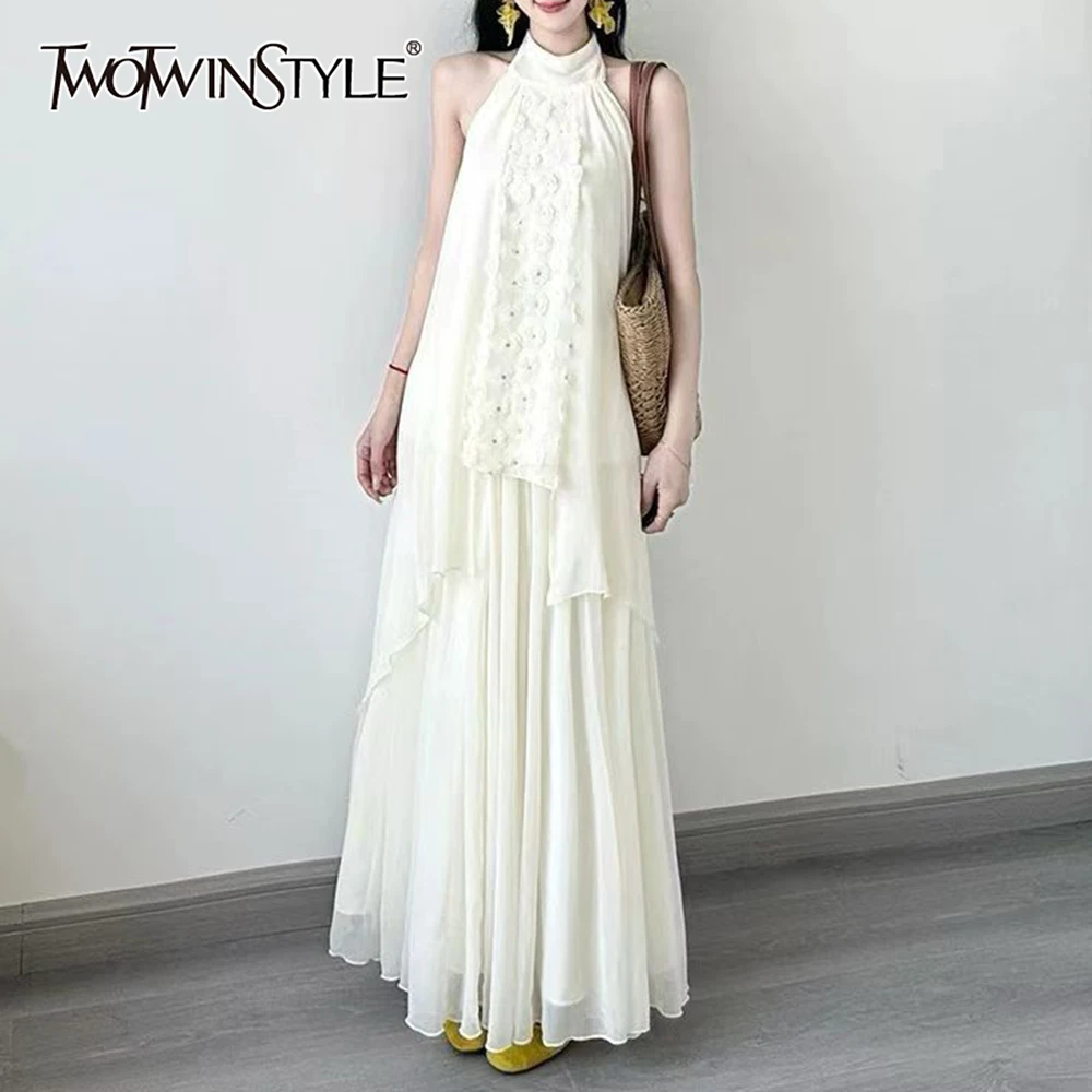 

TWOTWINSTYLE Loose Two Piece Sets for Women Stand Neck Sleeveless Irregular Top High Waist Patchwork Folds Long Skirt Set Female