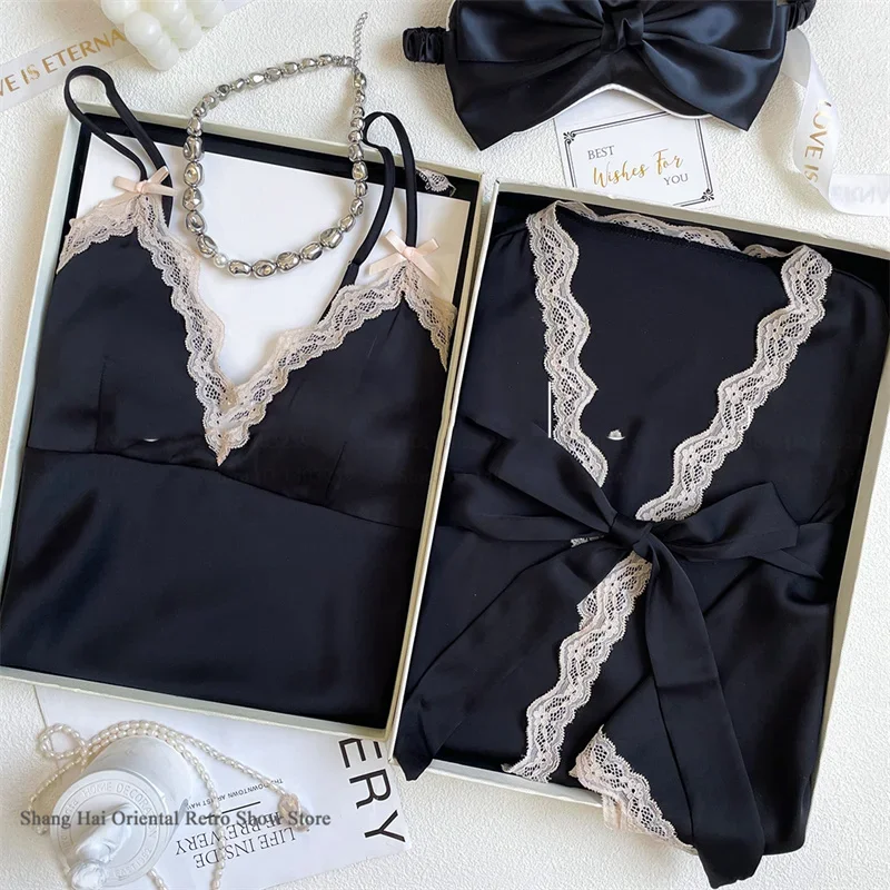 Sexy Lace Twinset Robe Set Suspender Nightdress Lingerie Sleepwear Spring Summer New Sleepwear Nightgown Loose Home Dress Pajama 4