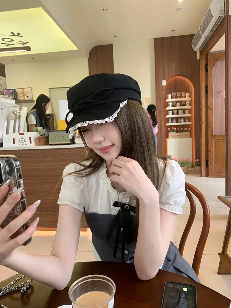 

Japanese Sle Knot Lace Beret Hat Women's Spring Summer Thin Wide Head Circumference Small Face Painter Caps