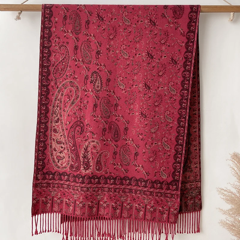 Ethnic Style Outdoor Travel Women Paisley Jacquard Scarf Thick Cashmere Tassel Shawl Winter Warm Neck Wrap Pashmina Floral