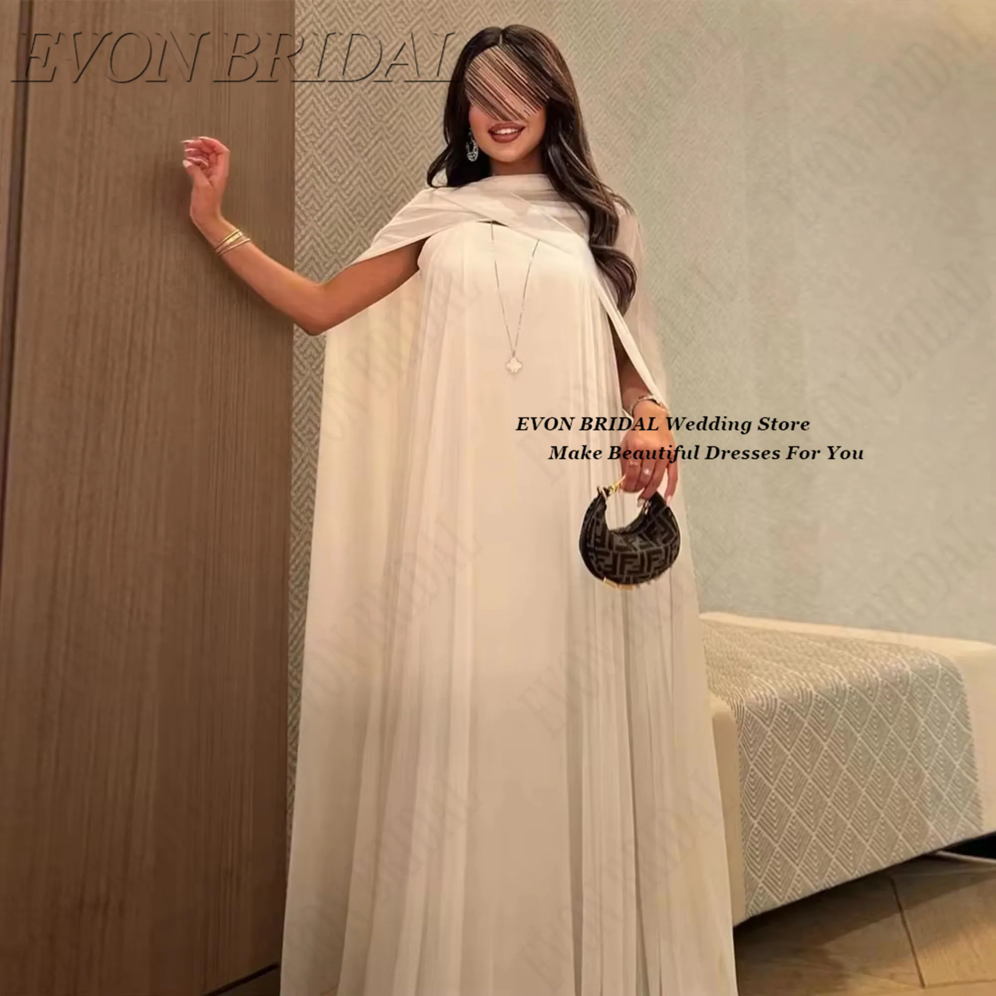 

White Chiffon Woman Ceremony Dress Sleeveless Celebrity Dresses With Shawl Arabia Temperament Bridesmaid Party Dress EVON BRIDAL