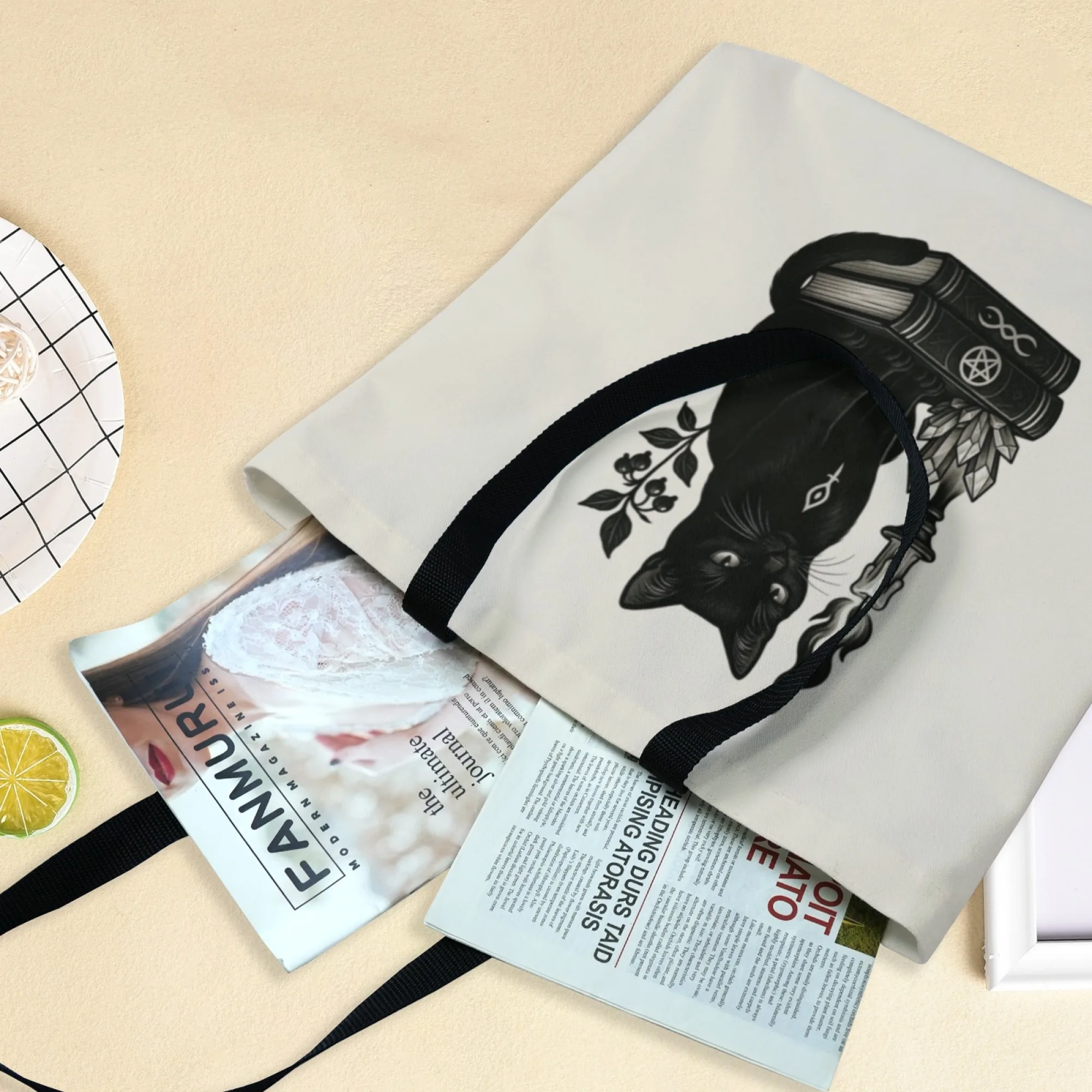 حقيبة كتف قماشية ذات قطة سوداء متعددة الاستخدامات، حقيبة كتف عملية للنساء مناسبة للتسوق والتسوق اليومي والمناسبات القوطية