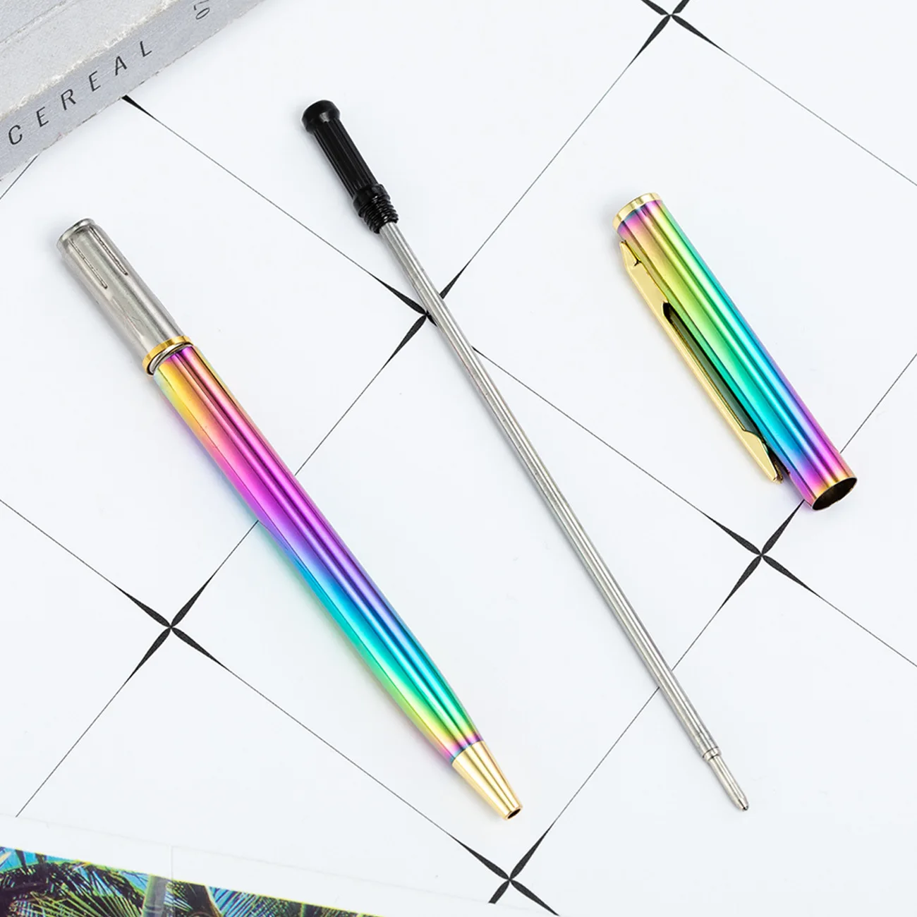 20PCS Customize Creative Touch Rainbow Gradient Metal Ball Pen Stationery Ballpoint Pen Automatic Refillable Ballpen