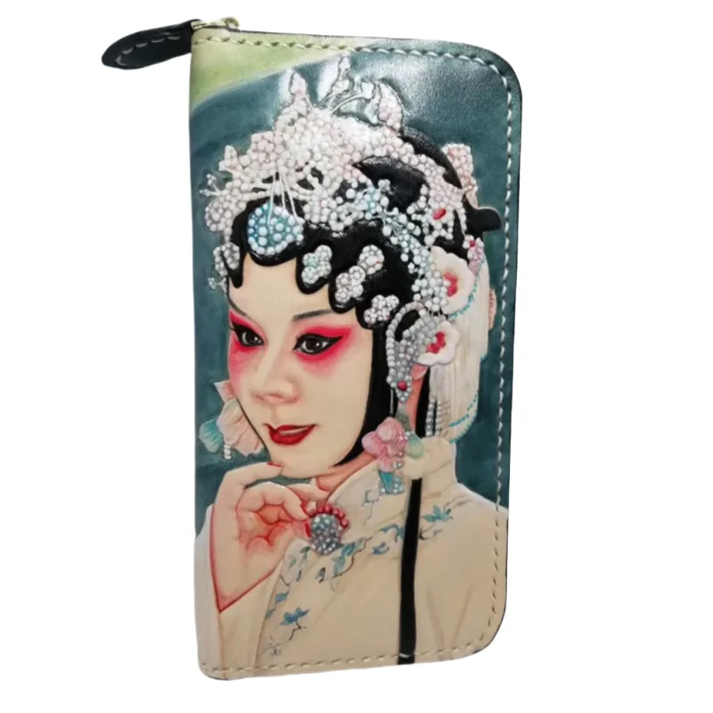 Handmade Ladies 'Female Role in Chinese Opera 'Wallets Purses Women Clutch Vegetable Tanned Leather Wallet Card Holder