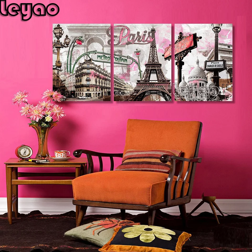 

Diamond painting diy 5d diamond embroidery Triptych Wall Art Pink Paris Tower Bedroom Decor Romantic City Paintings 3 Panels