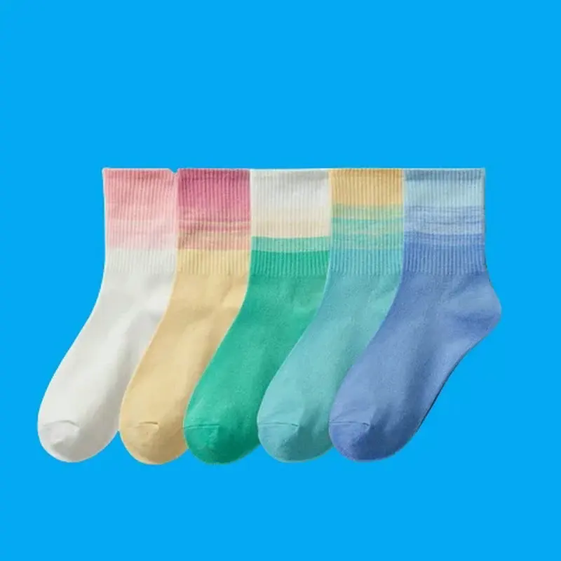 Calcetines de algodón puro para mujer, medias deportivas transpirables de tubo medio, absorbentes del sudor, Color degradado, primavera, otoño y verano, 5/10 pares