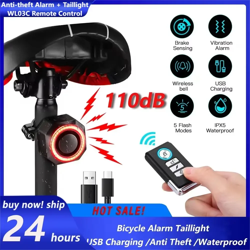 Alarma antirrobo 2 en 1 para bicicleta con Control remoto inalámbrico, campanas ruidosas, posicionamiento de tono de llamada, luz trasera con detección de freno inteligente