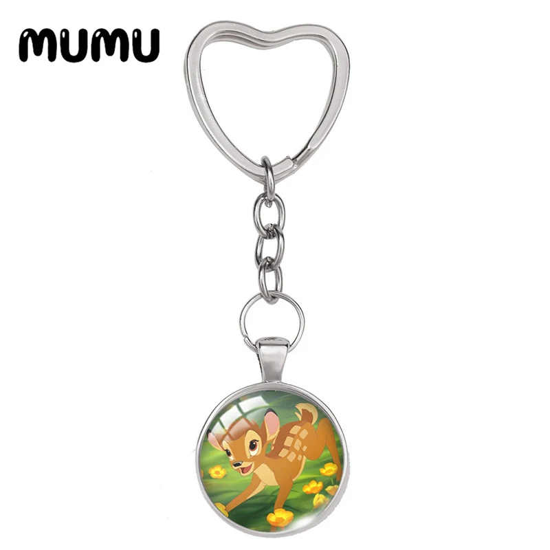 2024 New Bambi with Friends Heart Keyring Funny Keychain Glass Dome Cabochon Jewelry Gifts Children