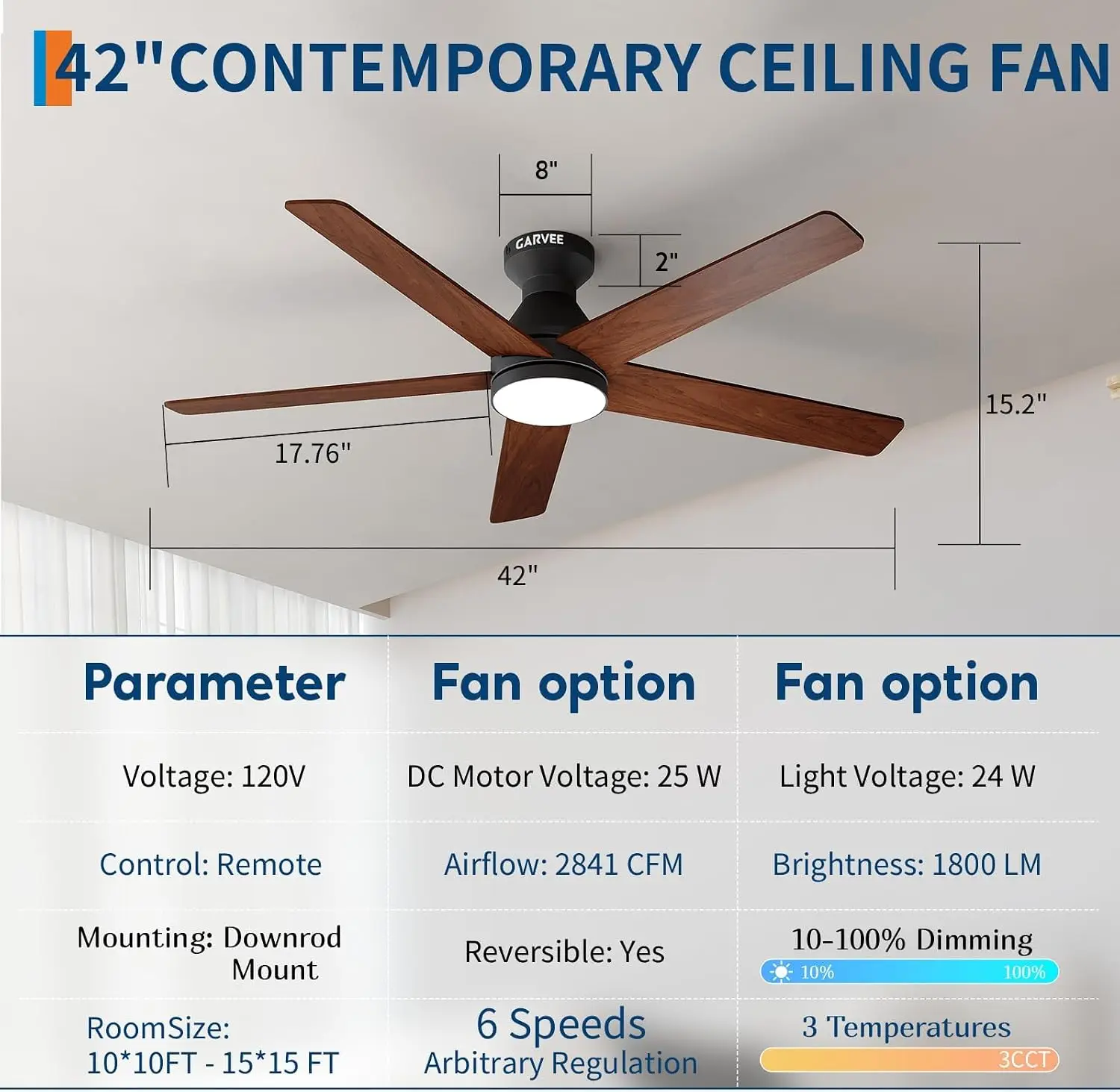 42/52" Low Profile Ceiling Fans with Lights and Wood Blades for Indoor/Outdoor | Remote Control, Flush Mount, 6-Speed, 5 Wood Blades, 3CCT Dimmable LED, Reversible Quiet DC Motor - view 8