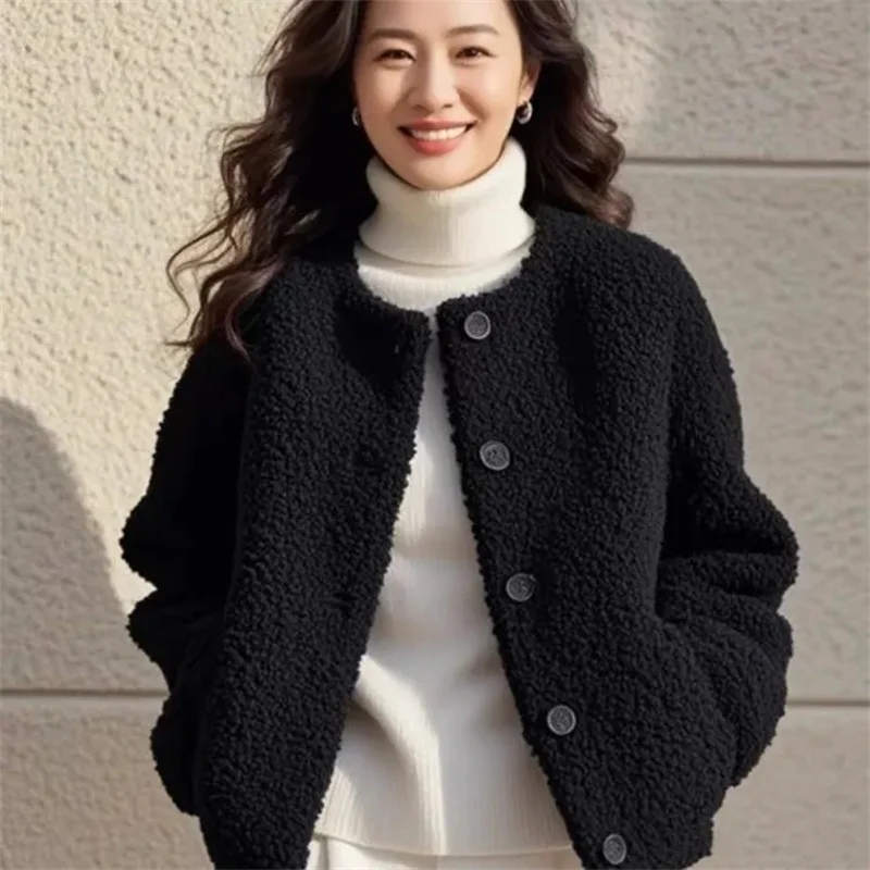 Korean Women Fashion Particle Fluff Patchwork Outwear Spring Ladies Round Neck Short Coat Autumn Femme Top Jacket