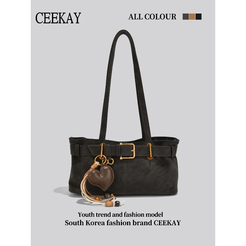 

2026 New CEEKAY Suede Underarm Bag, Vintage Shoulder Bag with Gold Buckle & Heart Pendant, Versatile Handbag for Women hand bag