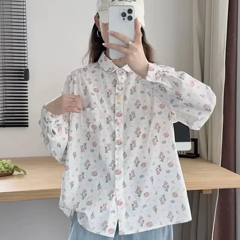 Mori kei clothing Japanese style sweet print shirts long sleeve blouses for chubby woman cotton tops autumn clothing women