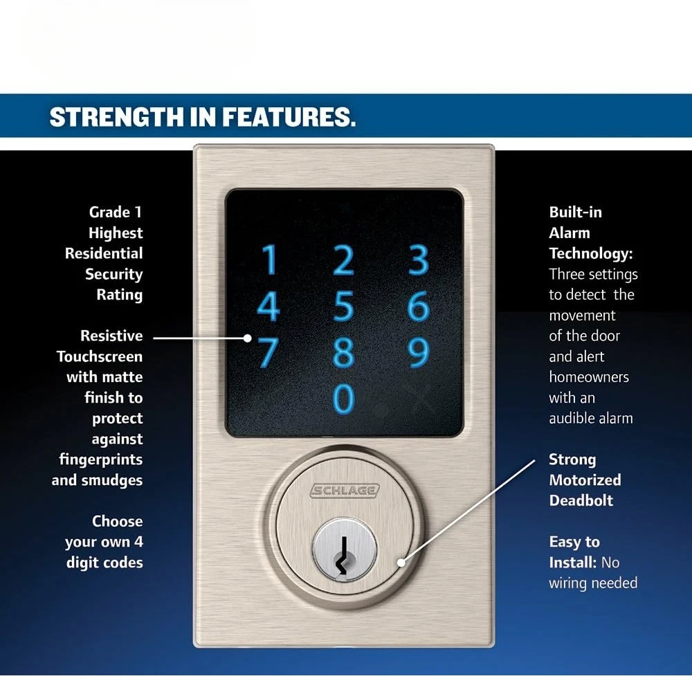 Connect Century Touchscreen Deadbolt with Built-In Alarm and Handleset Grip with Latitude Lever, Satin Nickel