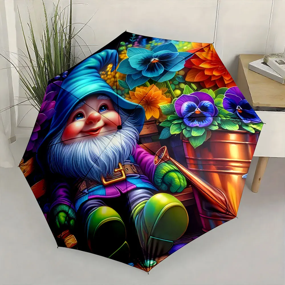 1PC Colorful Gnome and Flowers Printed Umbrella Print 8 Iron Ribs Folding Umbrella Auto-Open Fashion Sunshade