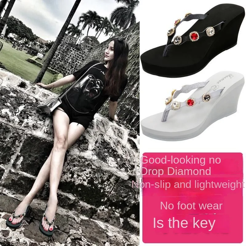 Summer crystal beaded wedges with thick soles and comfortable flip flops beach cake slippers for women