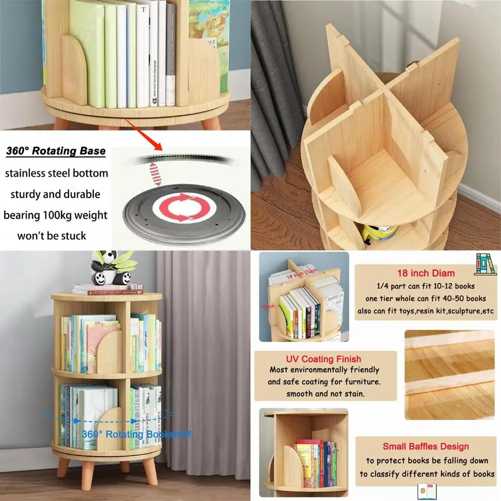 

2 Tier Rotating Bookshelf with Legs, 360 Display Revolving Bookcase Standing Bookcase Round Corner Bookshelf Wood Book Storage D