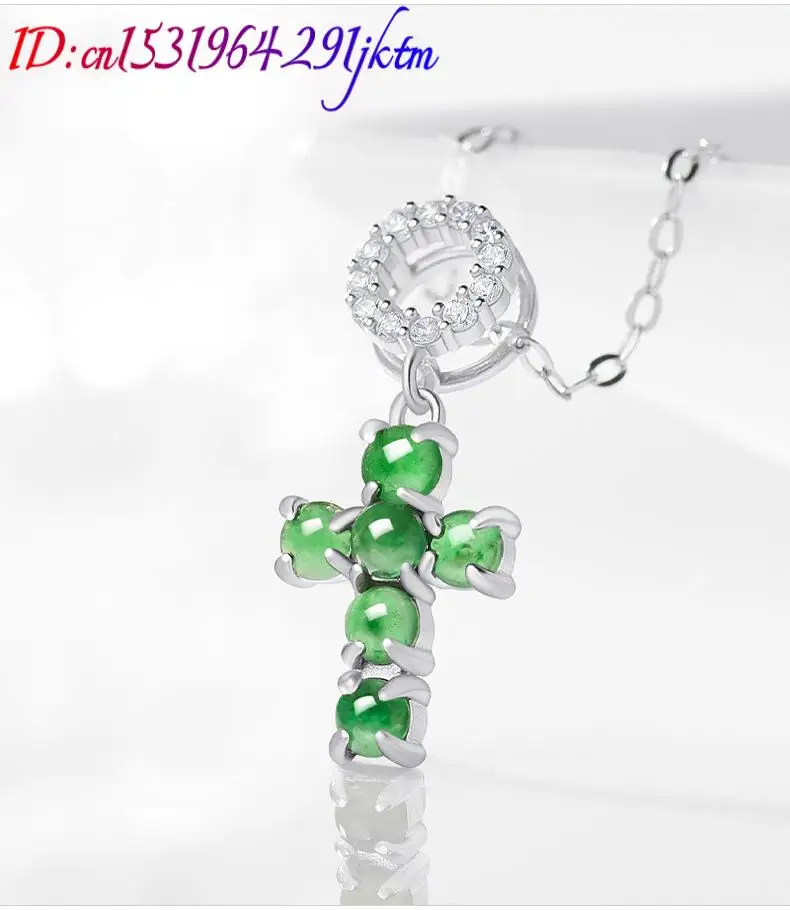 Green Burmese Jadeite Cross Pendant Necklace Natural Gemstone Talismans 925 Silver Burmese Jade Vintage Luxury Gifts for Women 5