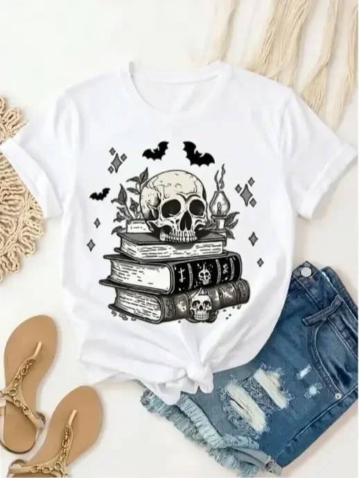 Dark Academia Skull Books Bats Short Sleeve Cotton T-Shirt, 100% Cotton, Witchy Gothic Casual Summer Tee