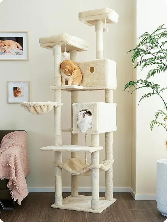 

Ouritsu Cat Tree, 73.6 inch Tall Cat Climbing Tower for Large Cat Indoor with 2 Large Condos, 2 Widened Perches, Sisal Covered S