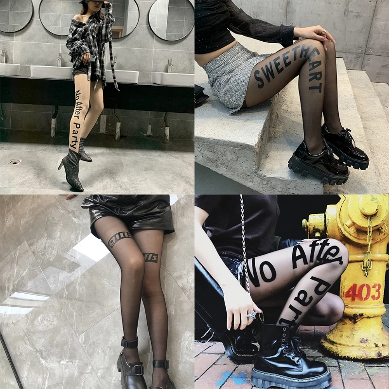 

Women Sexy Ultra-Thin Sheer Tights Letters Printed Silky Footed Stockings Black Pantyhose Clubwear