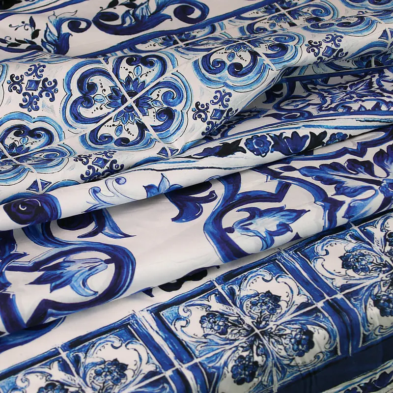 European And American Blue And White Porcelain Vace Printed Cotton Fabric For Woman Skirt Blouse Handmade DIY Cloth Sewing