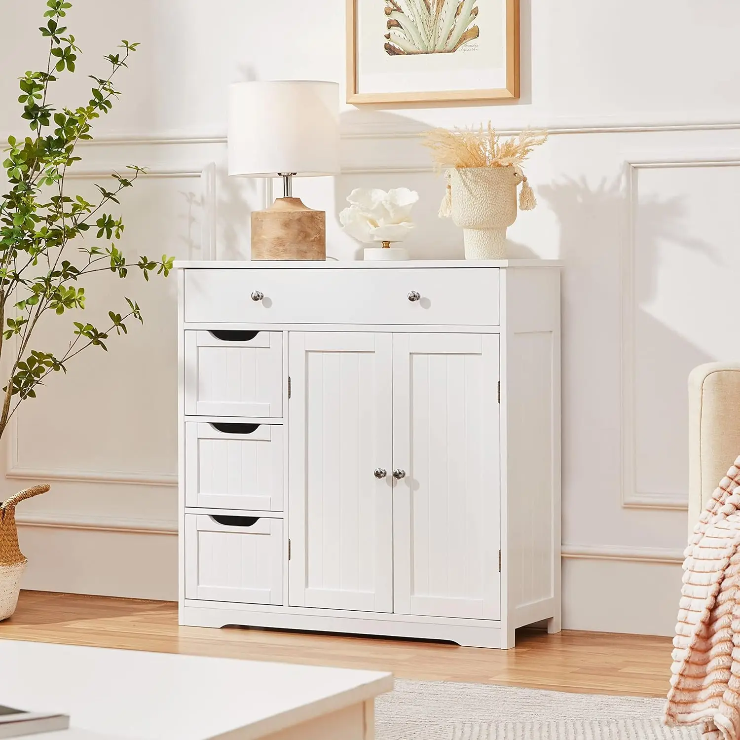 Bathroom Free-Standing Floor Cabinet, Practical Storage Cabinet with 4 Drawers and 2 Doors for Kitchen, Entrance Area