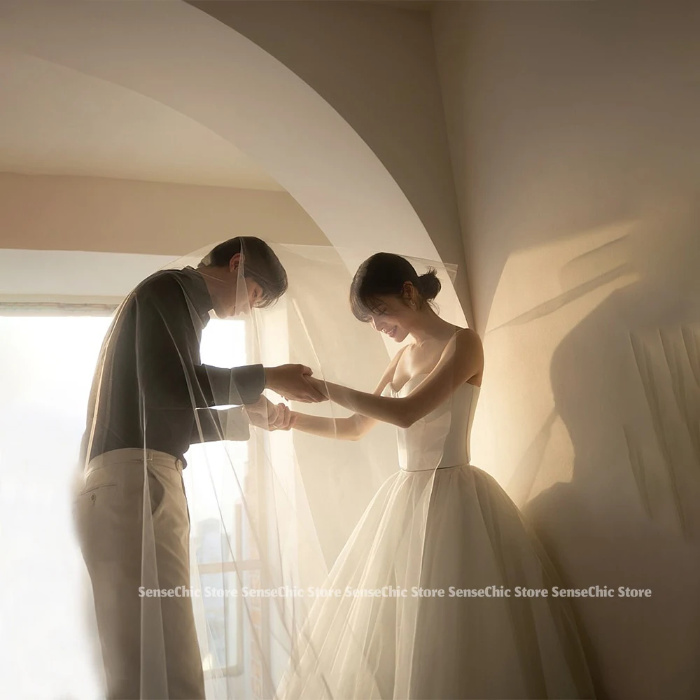 Vestidos de boda sencillos con forma de corazón, sesión de fotos de tul, corsé sin mangas de Corea, vestido de novia con tirantes finos personalizado