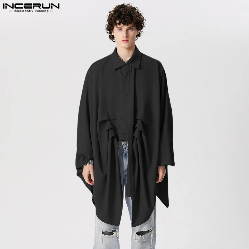 

INCERUN Tops 2024 Handsome Mens Solid Silhouette Bat Sleeve Pleated Shirts Male Streetwear Solid Loose Long Sleeved Blouse S-5XL